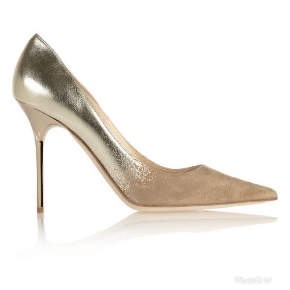 Jimmy Choo Abel Degradé Metallic Gold Tan Beige Suede Pointed Toe Stiletto Pumps